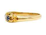1835 Victorian 1.02 CTW Old Mine Cut Diamond Sapphire 18 Karat Yellow Gold Scrolling Belcher Set Antique Band Ring Wilson's Estate Jewelry