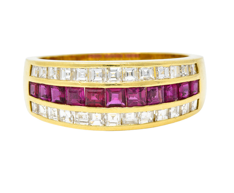 1.42 CTW Square Step-Cut Diamond Ruby 18 Karat Yellow Gold Vintage Channel Band Ring Wilson's Estate Jewelry