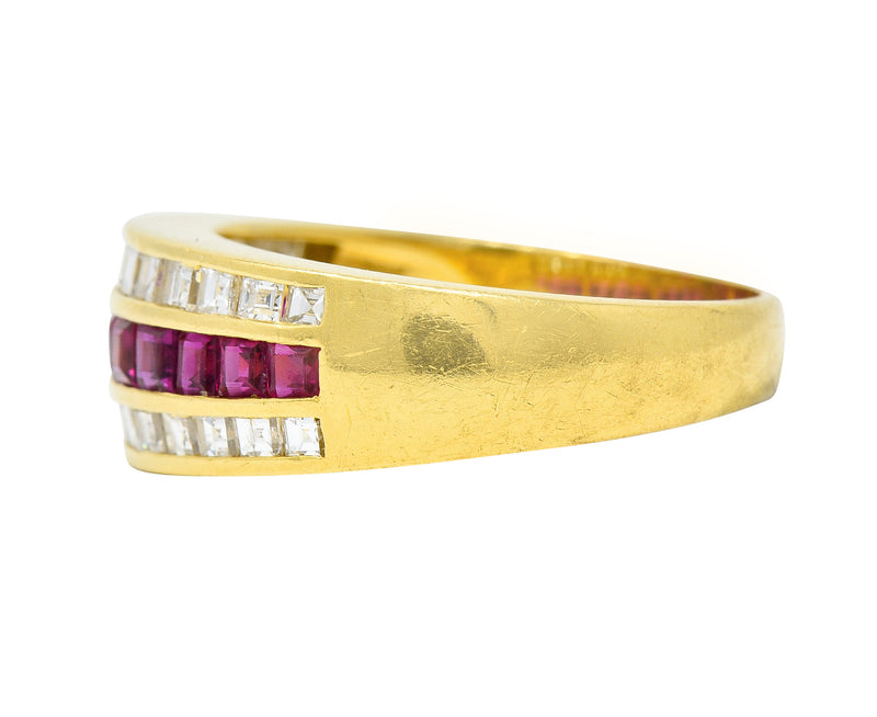 1.42 CTW Square Step-Cut Diamond Ruby 18 Karat Yellow Gold Vintage Channel Band Ring Wilson's Estate Jewelry