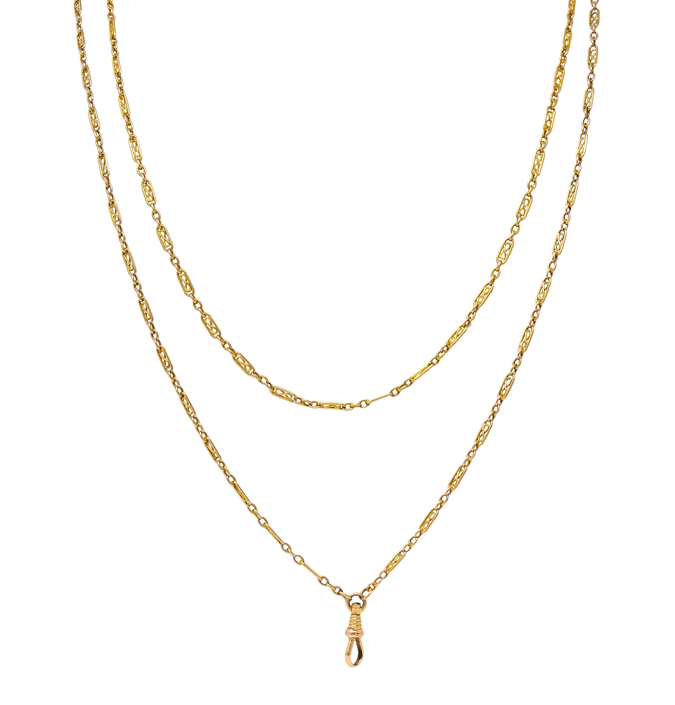 Victorian 14 Karat Yellow Gold Infinity Link 64 1/2 IN Long Antique Fob Chain Necklace Wilson's Estate Jewelry