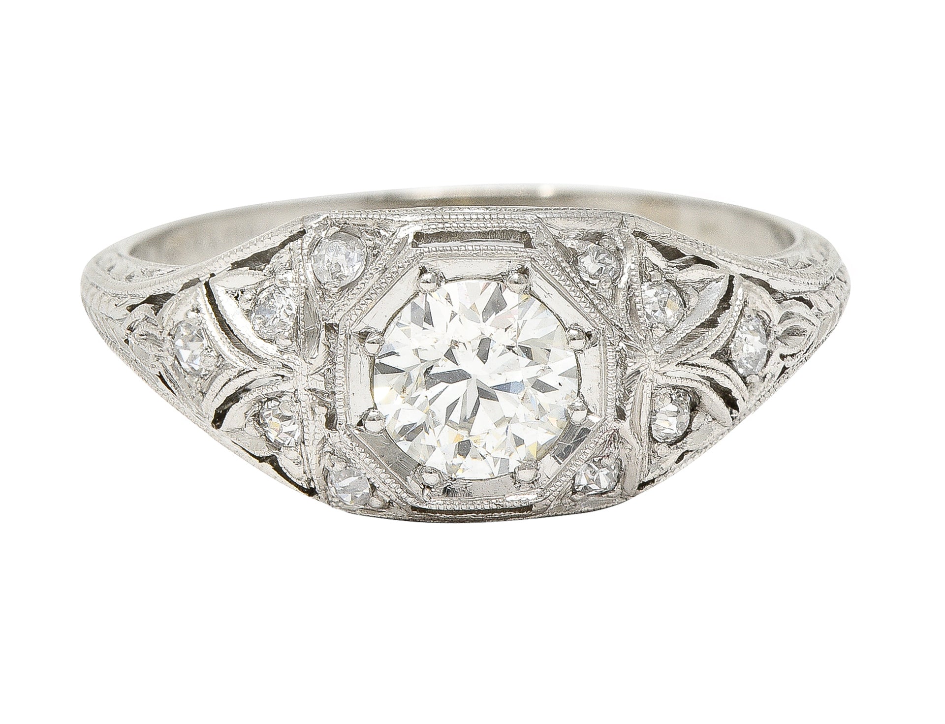 Katz & Ogush Inc. Art Deco 0.71 CTW old European Cut Diamond Platinum Octagonal Foliate Engagement Ring Wilson's Estate Jewelry