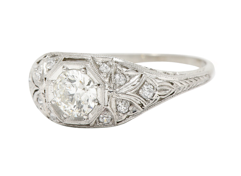 Katz & Ogush Inc. Art Deco 0.71 CTW old European Cut Diamond Platinum Octagonal Foliate Engagement Ring Wilson's Estate Jewelry