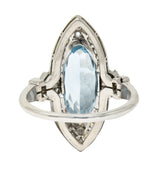 Art Deco 4.10 CTW Aquamarine Diamond Platinum Navette Cluster Dinner Ring Wilson's Estate Jewelry