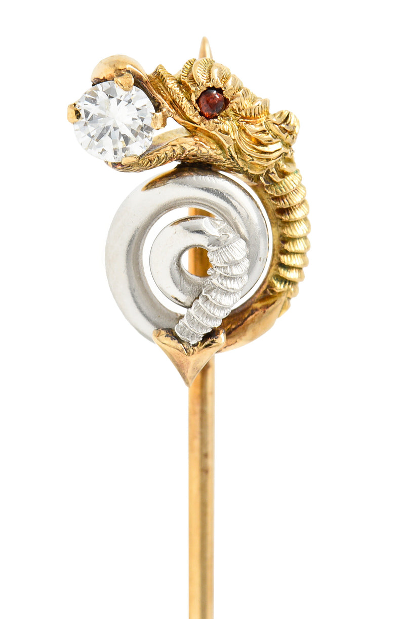 Art Nouveau Diamond Garnet Platinum 14 Karat Yellow Gold Serpent Antique Stickpin Wilson's Estate Jewelry