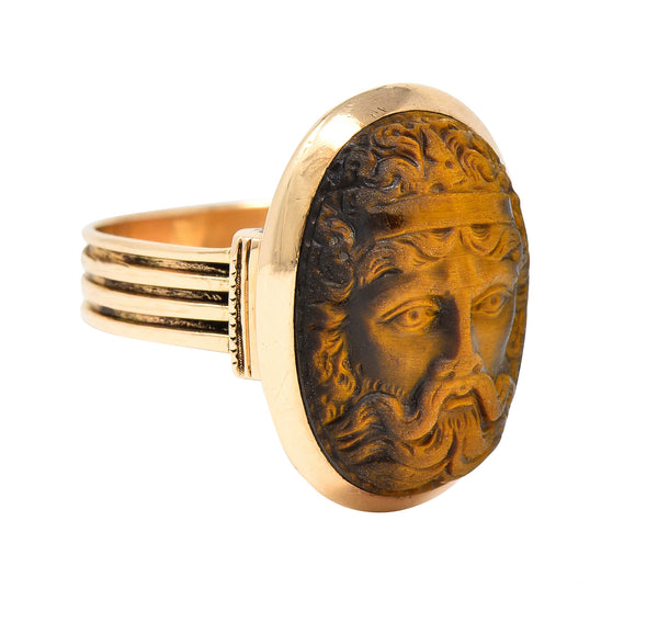Victorian Tiger's Eye 14 Karat Rose Gold Carved Hercules Cameo Antique Unisex Ring Wilson's Estate Jewelry