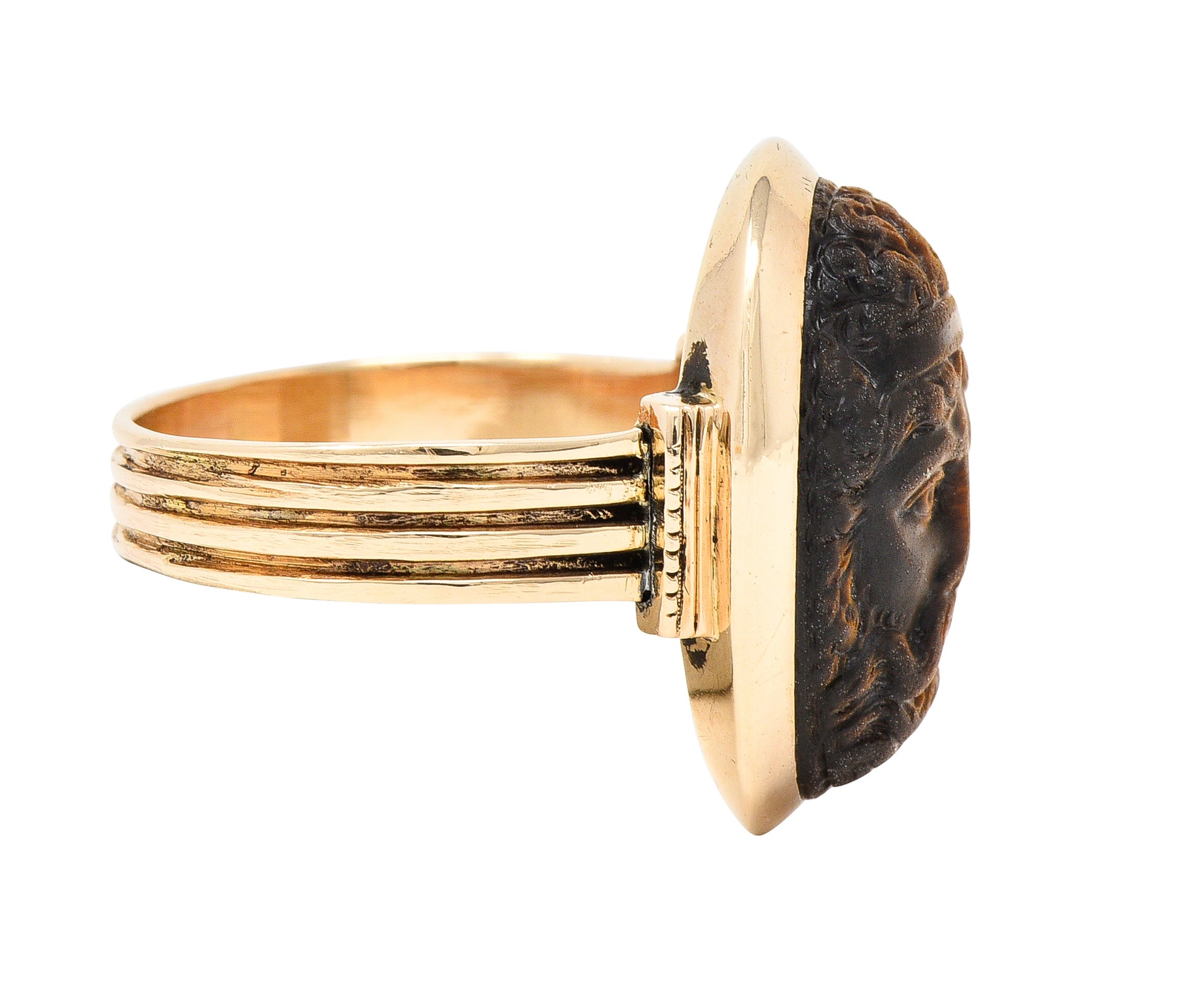 Victorian Tiger's Eye 14 Karat Rose Gold Carved Hercules Cameo Antique Unisex Ring Wilson's Estate Jewelry