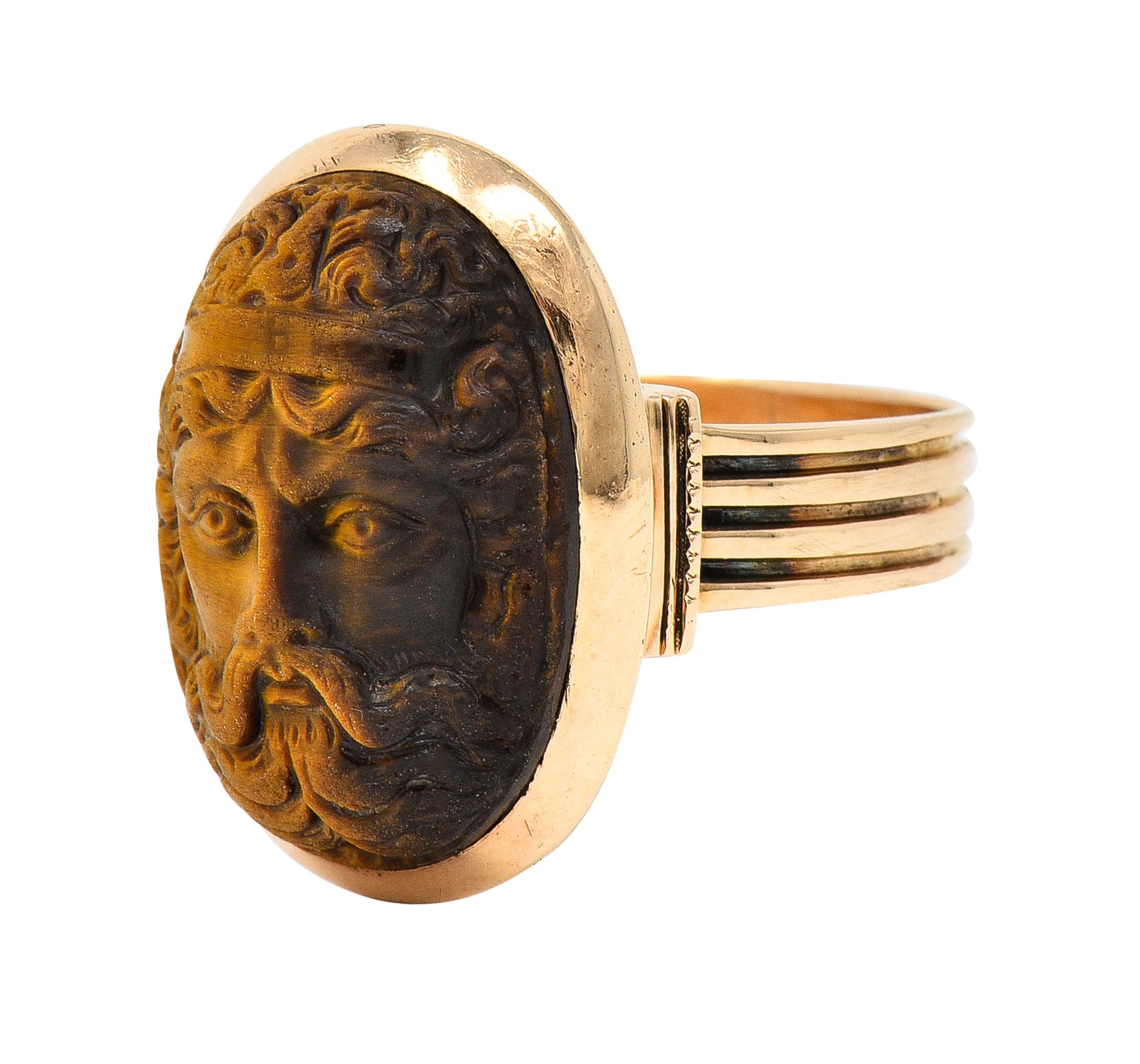 Victorian Tiger's Eye 14 Karat Rose Gold Carved Hercules Cameo Antique Unisex Ring Wilson's Estate Jewelry