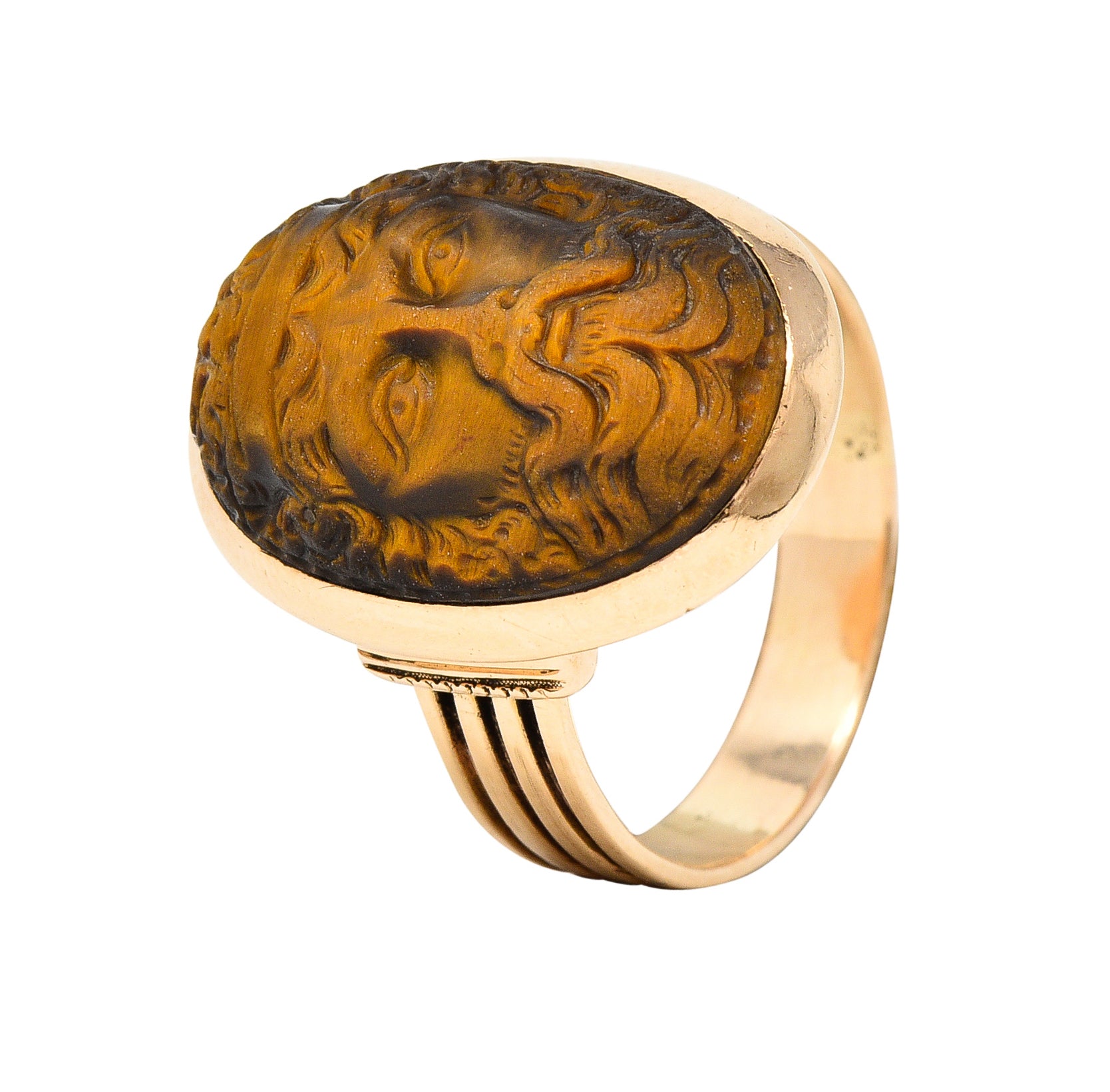 Victorian Tiger's Eye 14 Karat Rose Gold Carved Hercules Cameo Antique Unisex Ring Wilson's Estate Jewelry