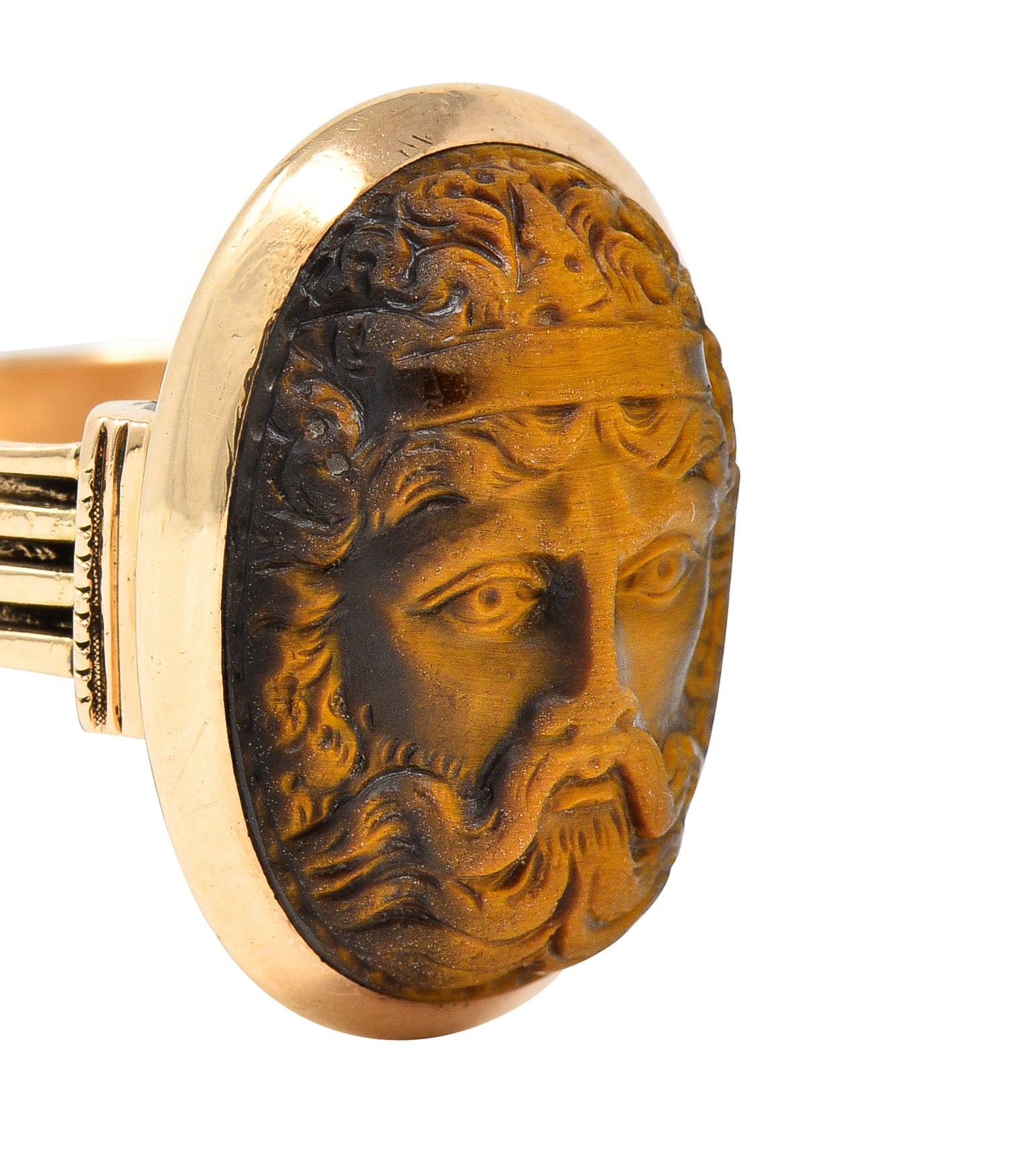 Victorian Tiger's Eye 14 Karat Rose Gold Carved Hercules Cameo Antique Unisex Ring Wilson's Estate Jewelry