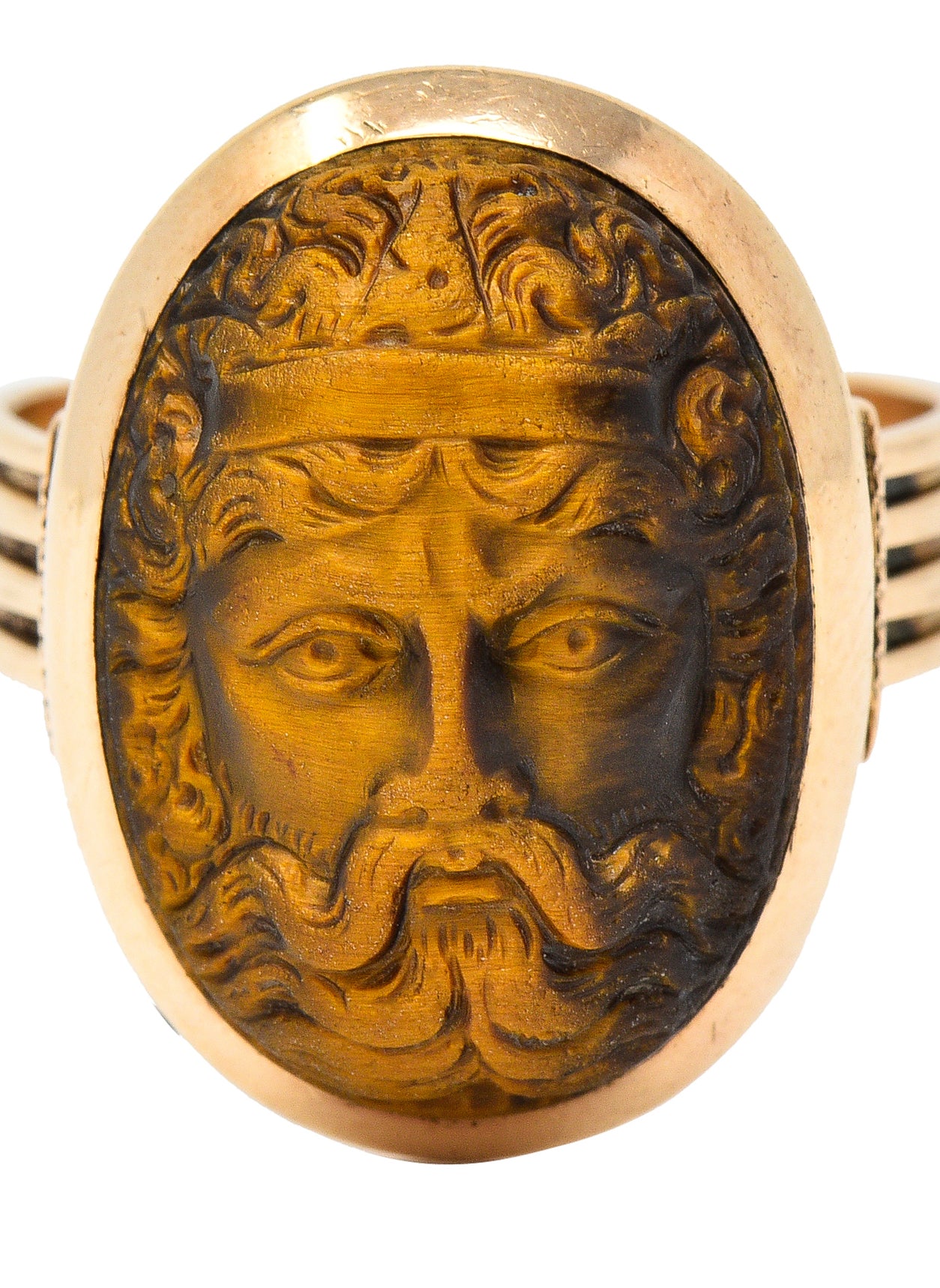 Victorian Tiger's Eye 14 Karat Rose Gold Carved Hercules Cameo Antique Unisex Ring Wilson's Estate Jewelry