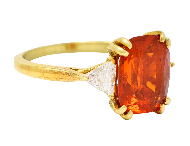 1980's 3.48 CTW Fire Opal Trillion Cut Diamond 18 Karat Yellow Gold Vintage Three Stone Ring Wilson's Estate Jewelry