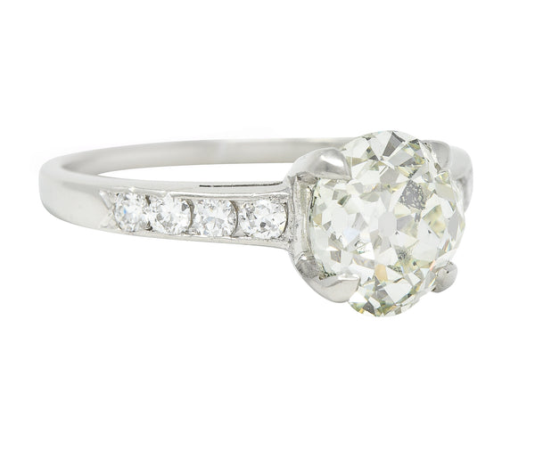 Mid-Century 2.19 CTW Fancy Light Yellow-Green Old Mine Cut Diamond Platinum Vintage Engagement Ring Wilson's Estate Jewelry