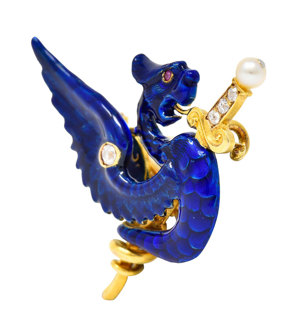 Riker Bros Art Nouveau Diamond Pearl Ruby Blue Enamel 14 Karat Gold Wyvern Serpent Dragon Sword Antique Unisex Brooch Wilson's Estate Jewelry