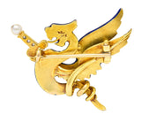 Riker Bros Art Nouveau Diamond Pearl Ruby Blue Enamel 14 Karat Gold Wyvern Serpent Dragon Sword Antique Unisex Brooch Wilson's Estate Jewelry