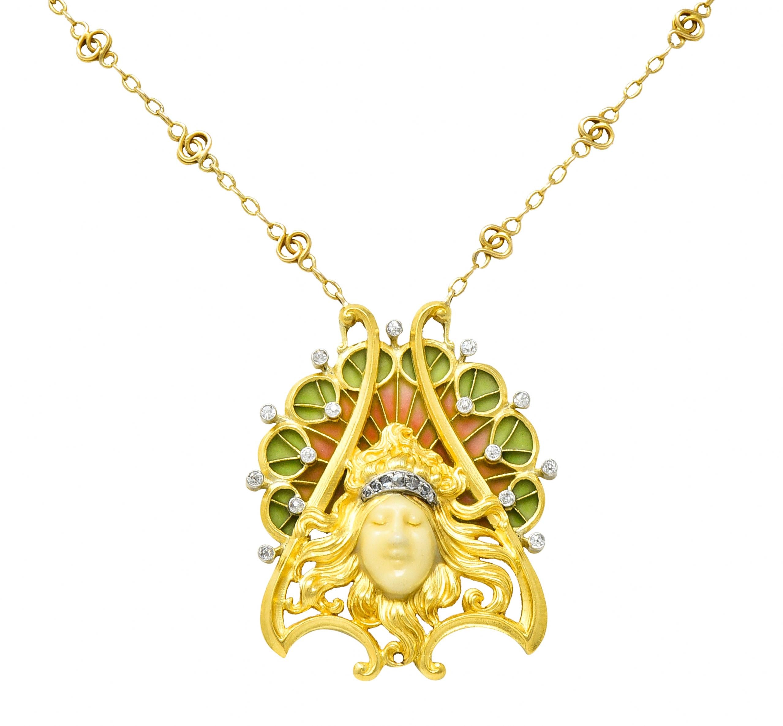 French Art Nouveau Diamond Plique-A-Jour Enamel Platinum 18 Karat Gold Necklace