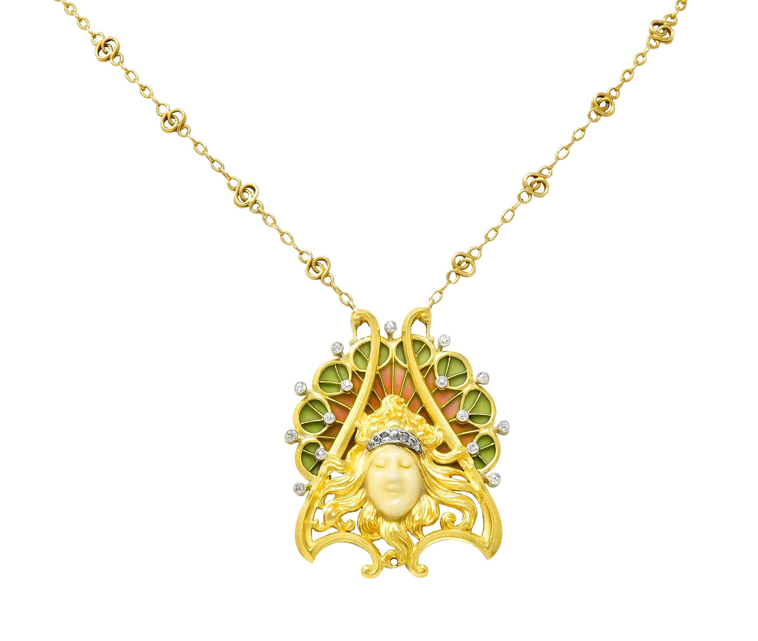 French Art Nouveau Diamond Plique-A-Jour Enamel Platinum 18 Karat Gold Necklace
