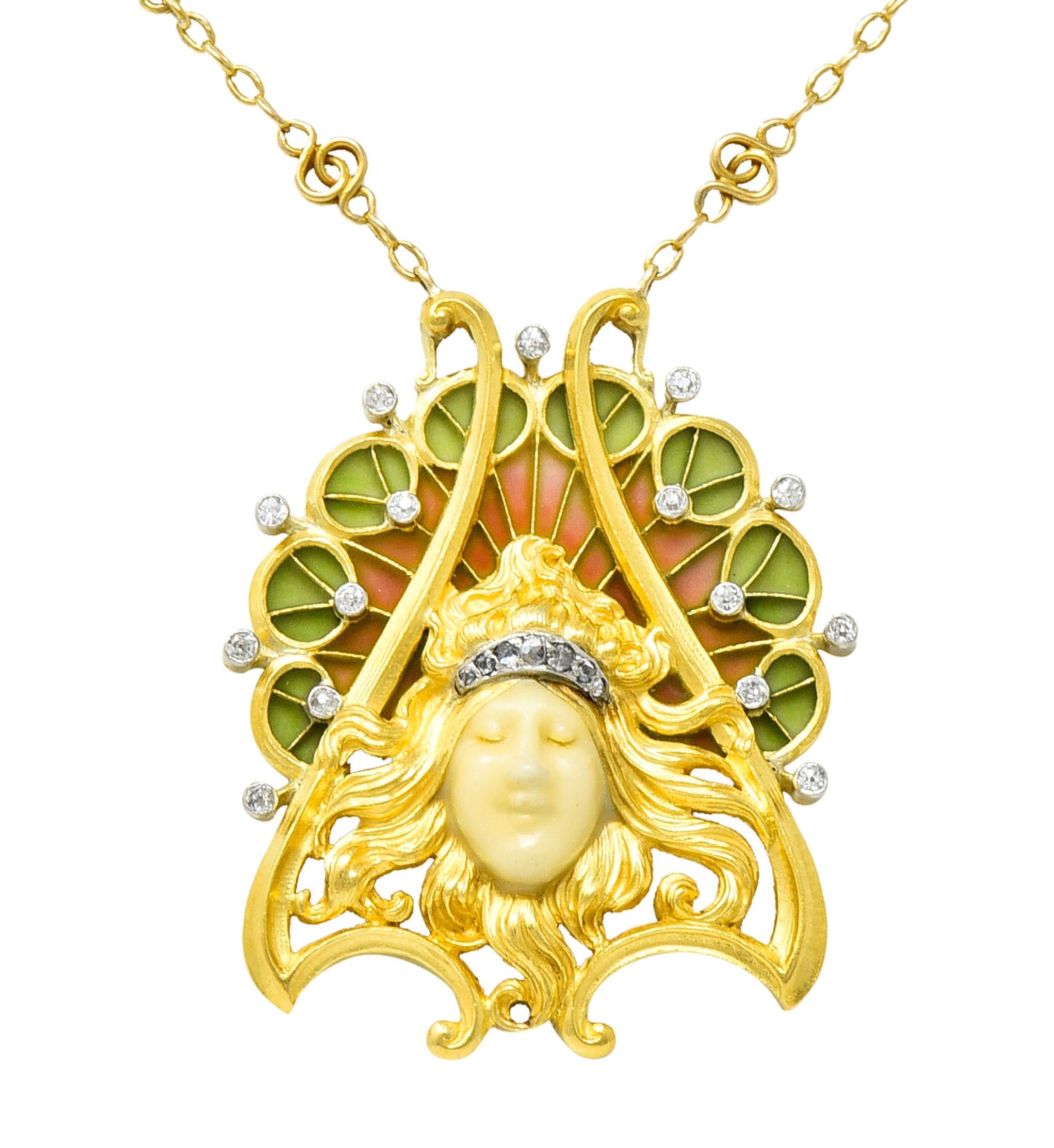 French Art Nouveau Diamond Plique-A-Jour Enamel Platinum 18 Karat Gold Necklace