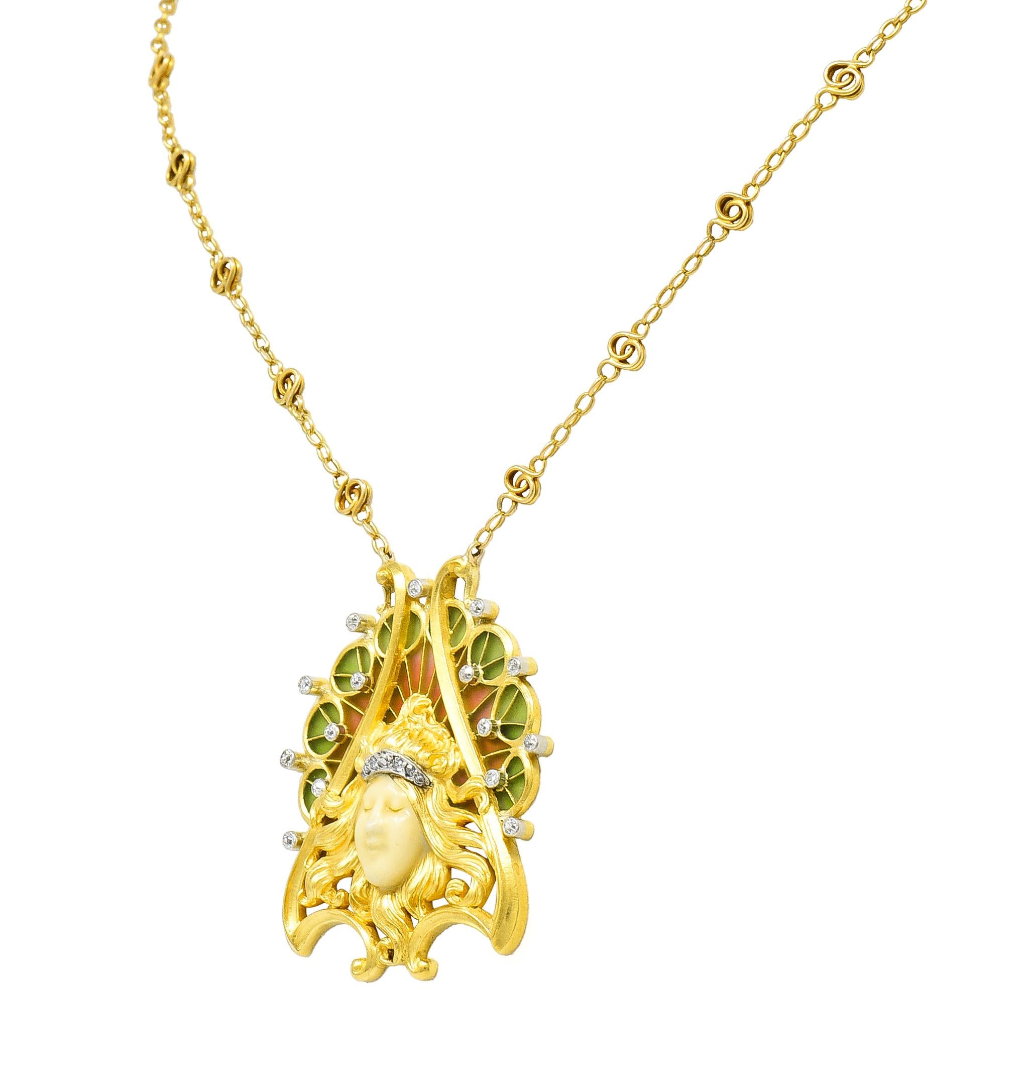 French Art Nouveau Diamond Plique-A-Jour Enamel Platinum 18 Karat Gold Necklace