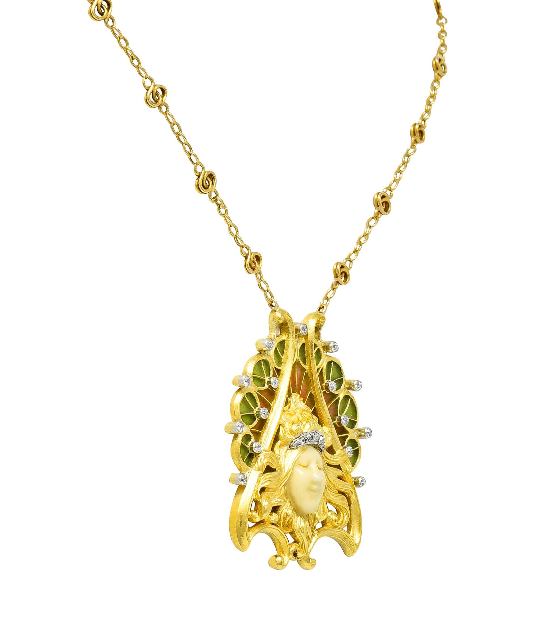 French Art Nouveau Diamond Plique-A-Jour Enamel Platinum 18 Karat Gold Necklace