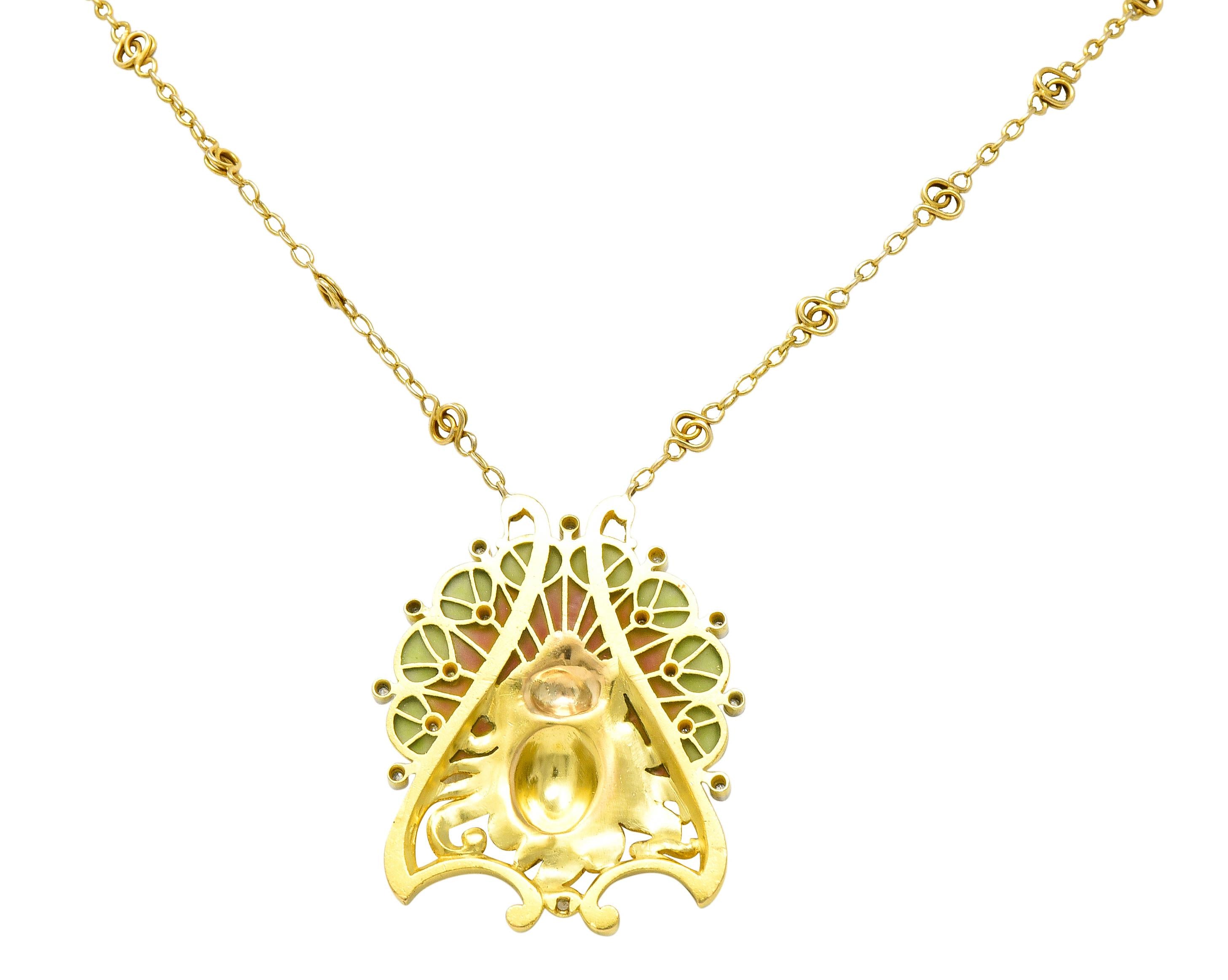 French Art Nouveau Diamond Plique-A-Jour Enamel Platinum 18 Karat Gold Necklace