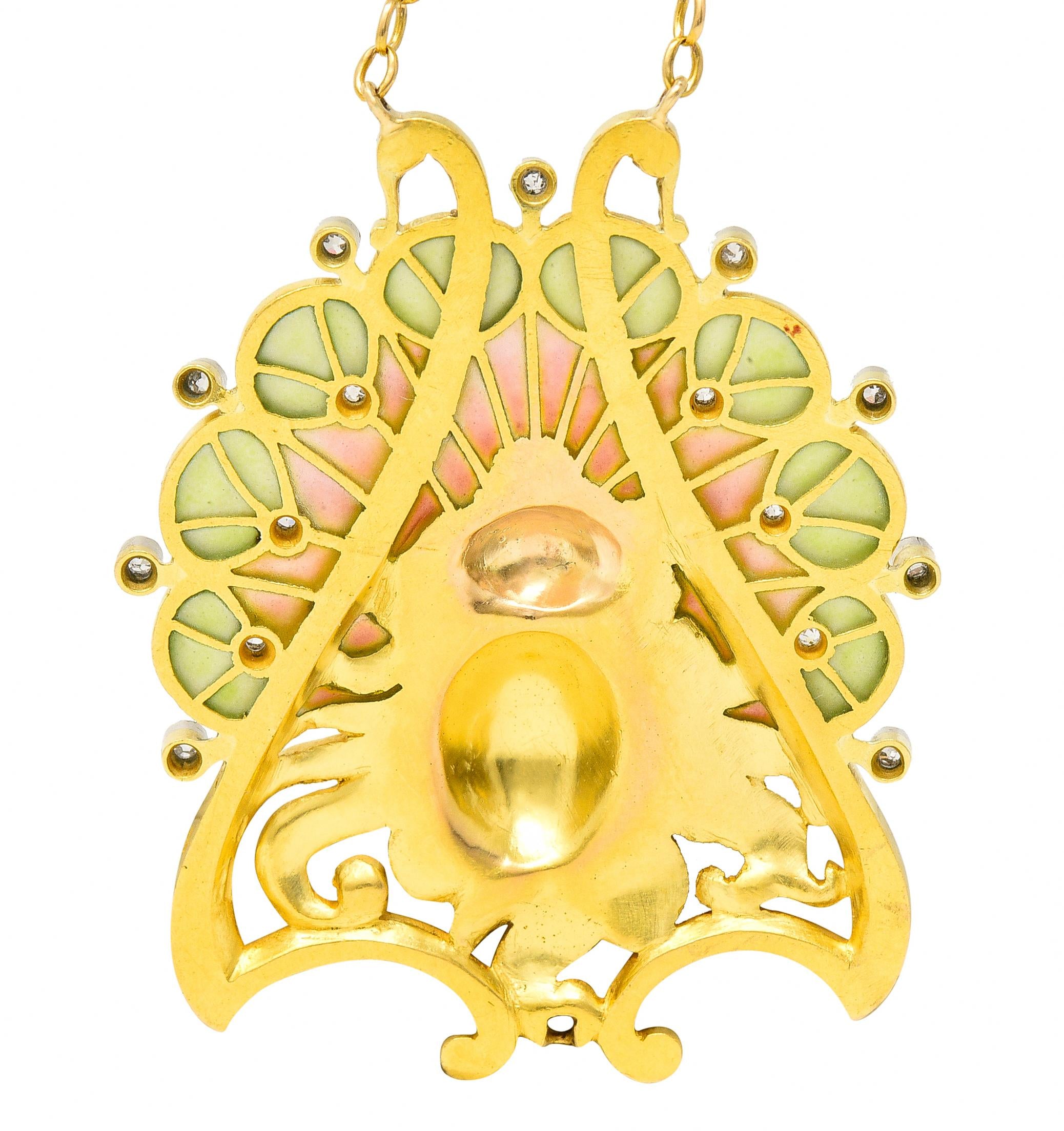 French Art Nouveau Diamond Plique-A-Jour Enamel Platinum 18 Karat Gold Necklace