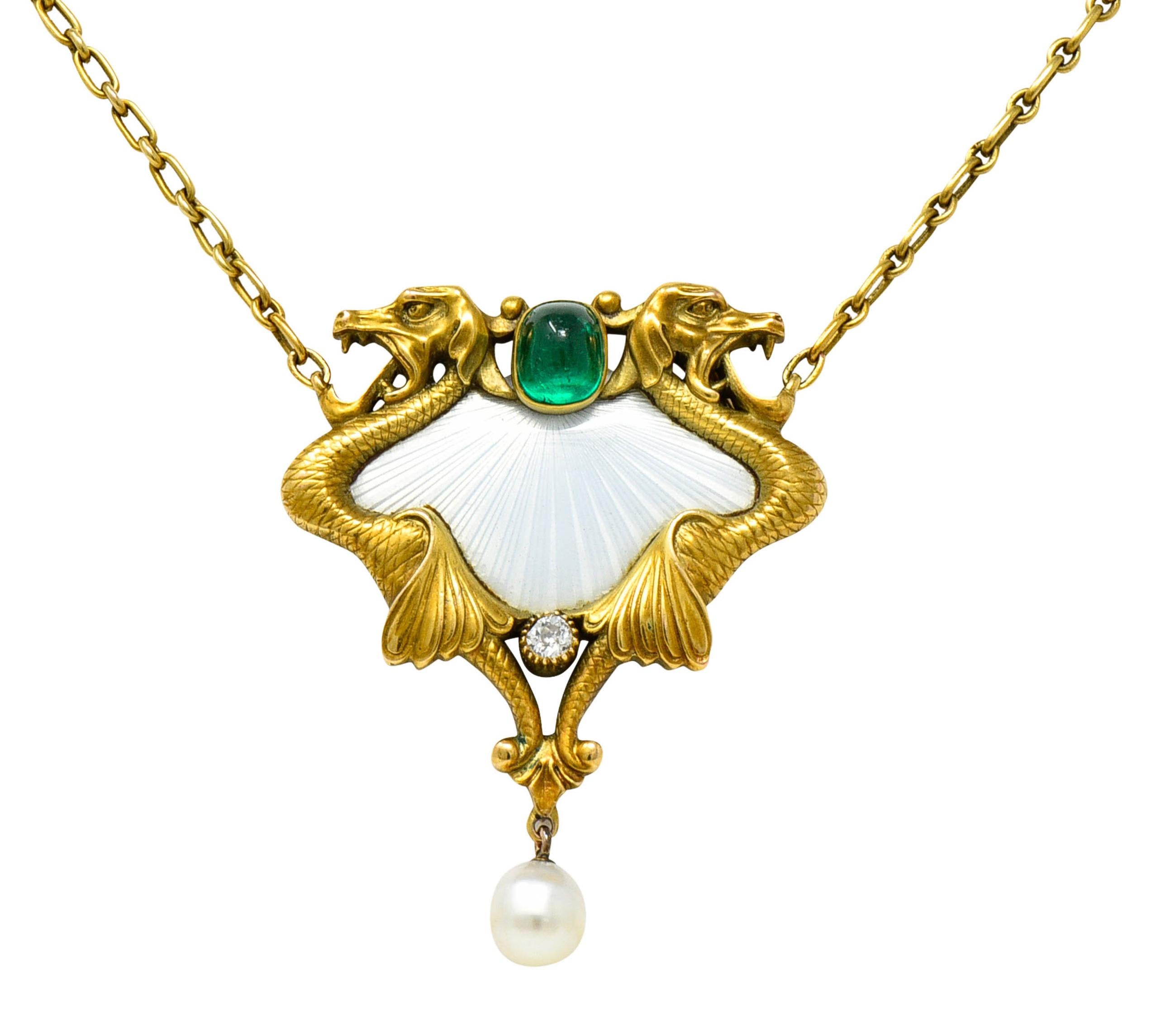 Art Nouveau Diamond Emerald Enamel Pearl 14 Karat Yellow Gold Serpent Necklace