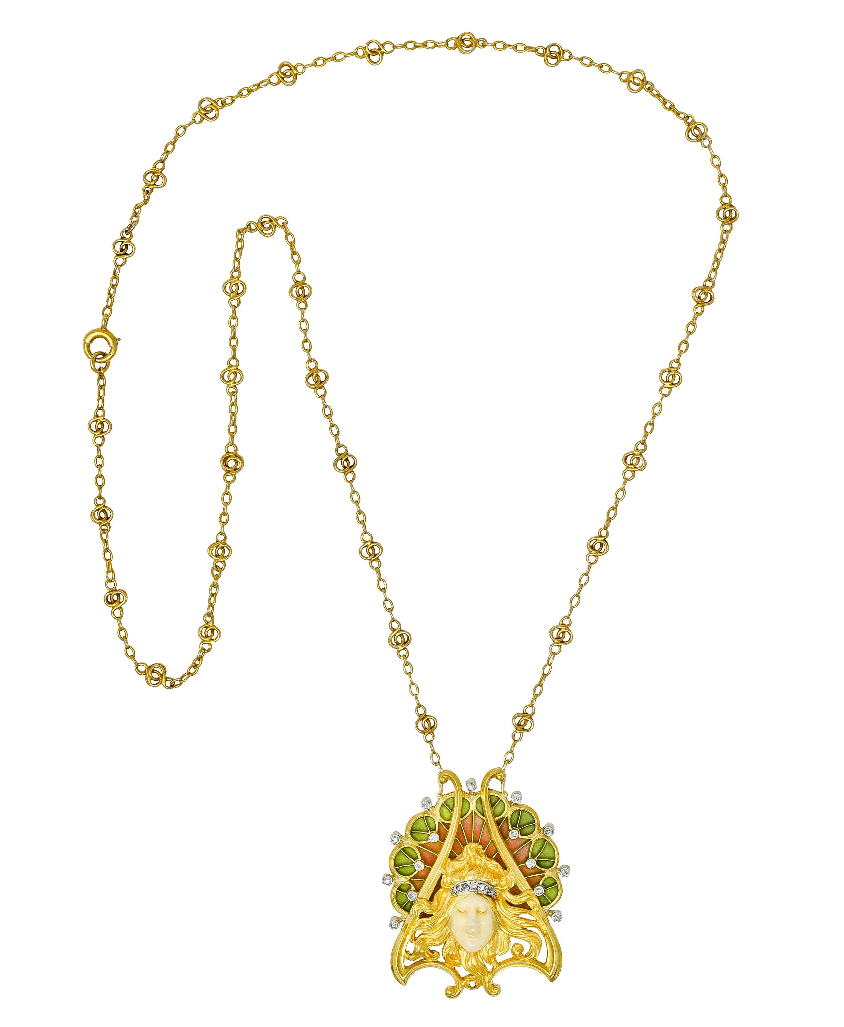 French Art Nouveau Diamond Plique-A-Jour Enamel Platinum 18 Karat Gold Necklace