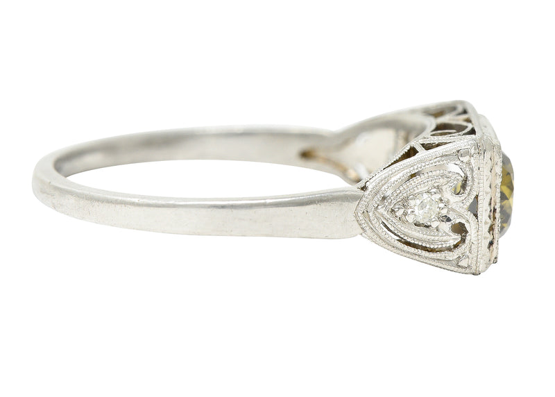 Art Deco 1.00 CTW Fancy Colored Diamond & Diamond Platinum Toi Et Moi Engagement Ring Wilson's Estate Jewelry