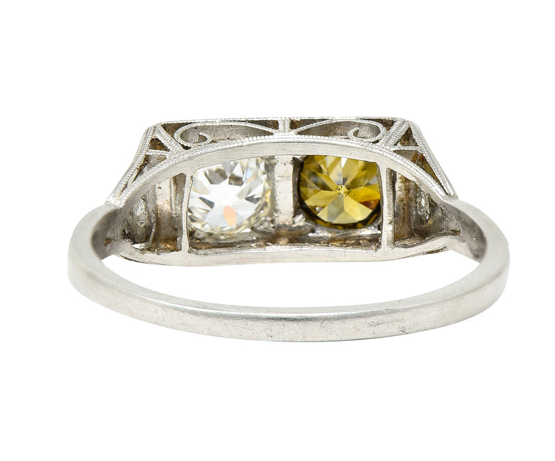 Art Deco 1.00 CTW Fancy Colored Diamond & Diamond Platinum Toi Et Moi Engagement Ring Wilson's Estate Jewelry