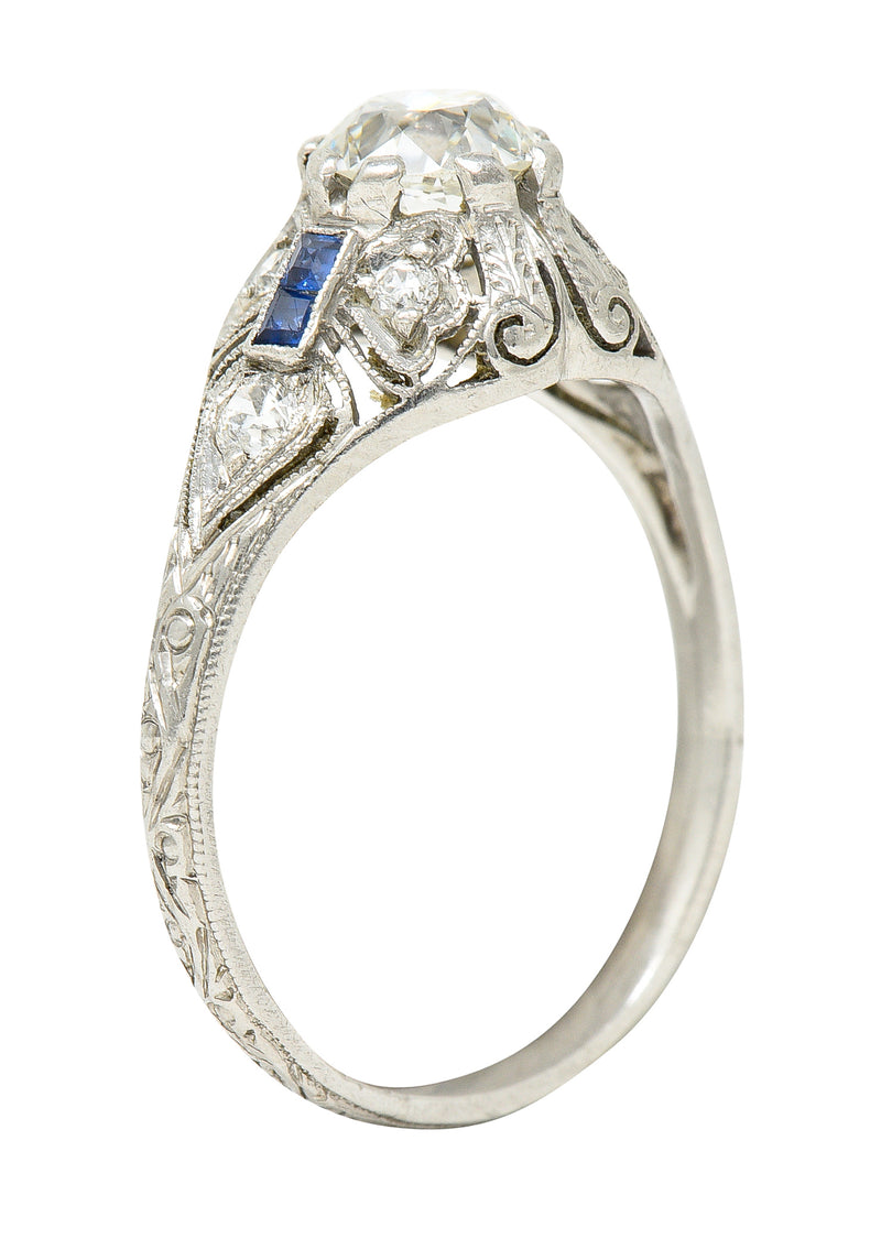 Art Deco 1.55 CTW Old European Diamond Sapphire Platinum Clover Vintage Engagement Ring Wilson's Estate Jewelry