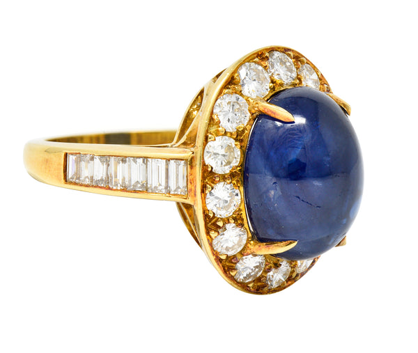 Van Cleef & Arpels 1980's 3.86 CTW Sapphire Cabochon Diamond 18 Karat Yellow Gold Vintage Halo Ring