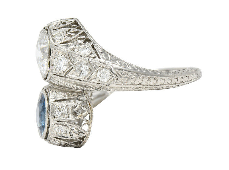 Art Deco 2.28 CTW Old European Cut Diamond Sapphire Platinum Toi Et Moi Wheat Vintage Bypass Ring Wilson's Estate Jewelry