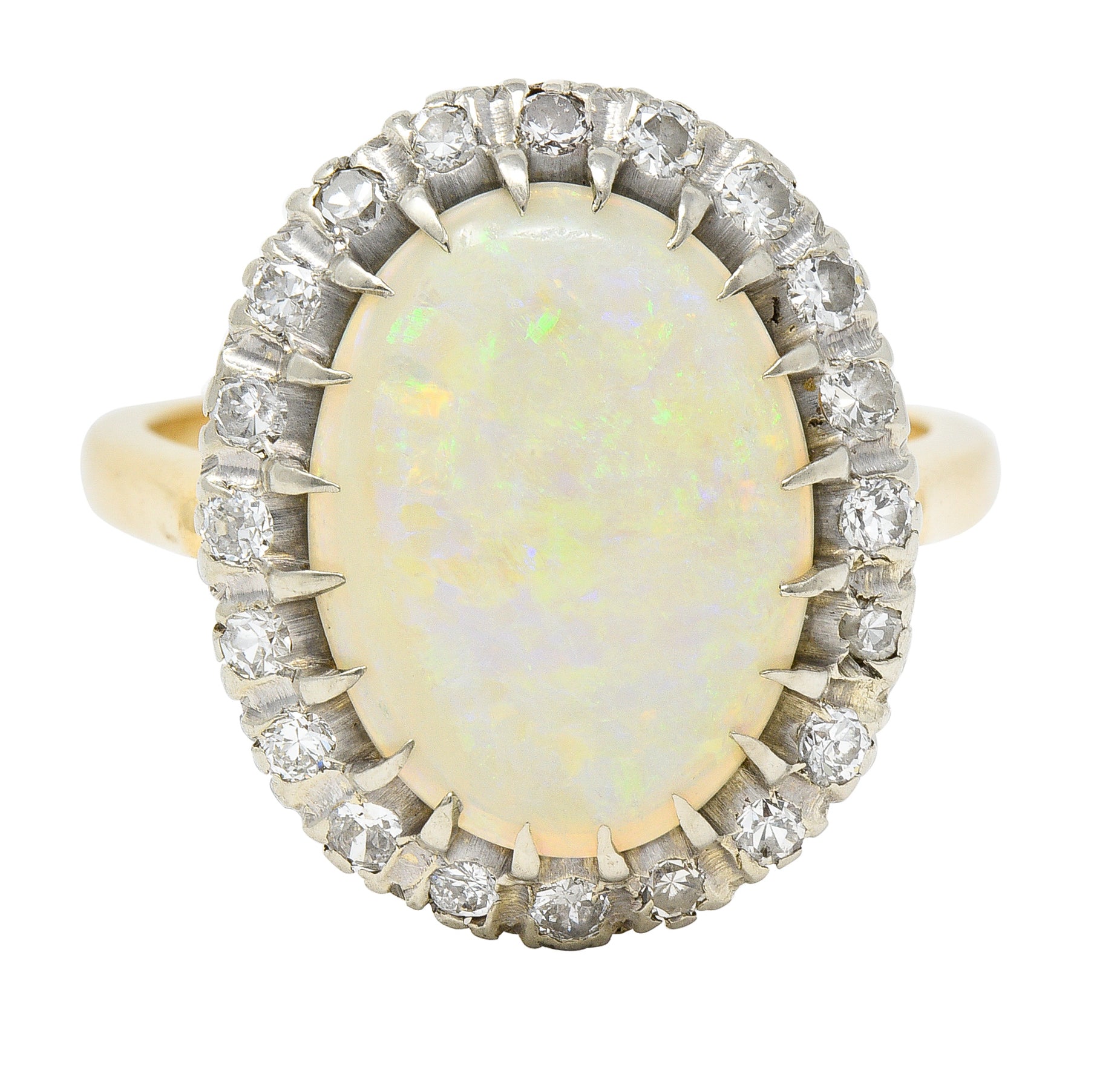 Edwardian Diamond Opal Cabochon Platinum-Topped 14 Karat Yellow Gold Antique Halo Ring Wilson's Estate Jewelry