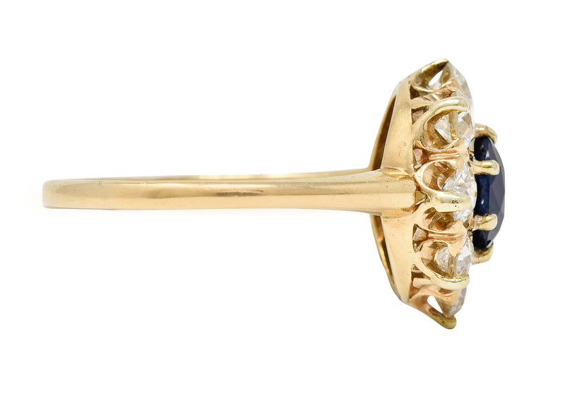 Victorian 2.64 CTW Oval Cut No Heat Sapphire Old European Cut Diamond 14 Karat Yellow Gold Antique Cluster Ring GIA Wilson's Estate Jewelry