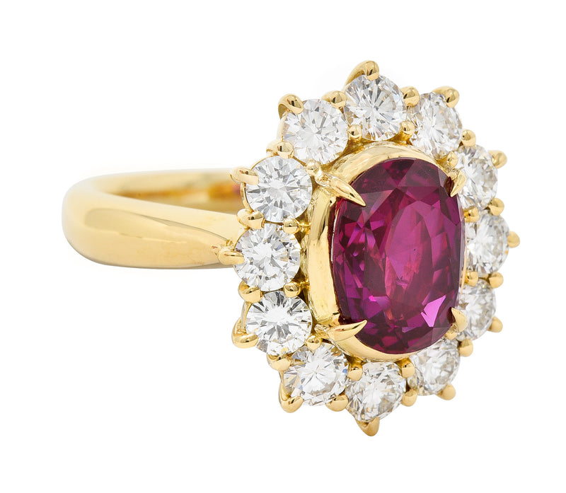 Contemporary 4.28 CTW Oval Step Cut Ruby Diamond 18 Karat Yellow Gold Halo Ring GIA Wilson's Estate Jewelry