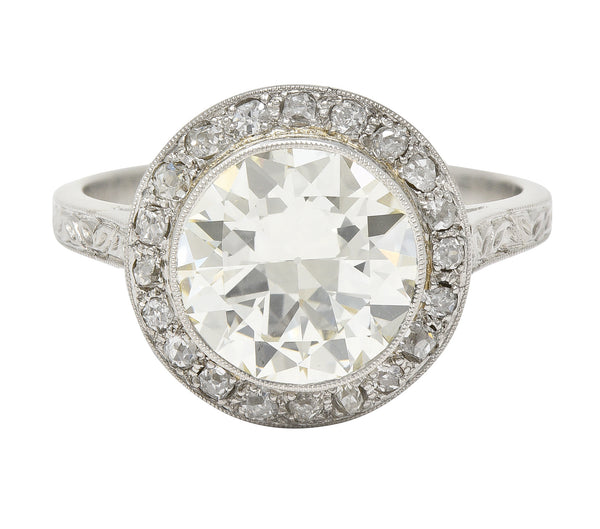 Art Deco 3.55 CTW Old European Cut Diamond Platinum Foliate Halo Engagement Ring GIA