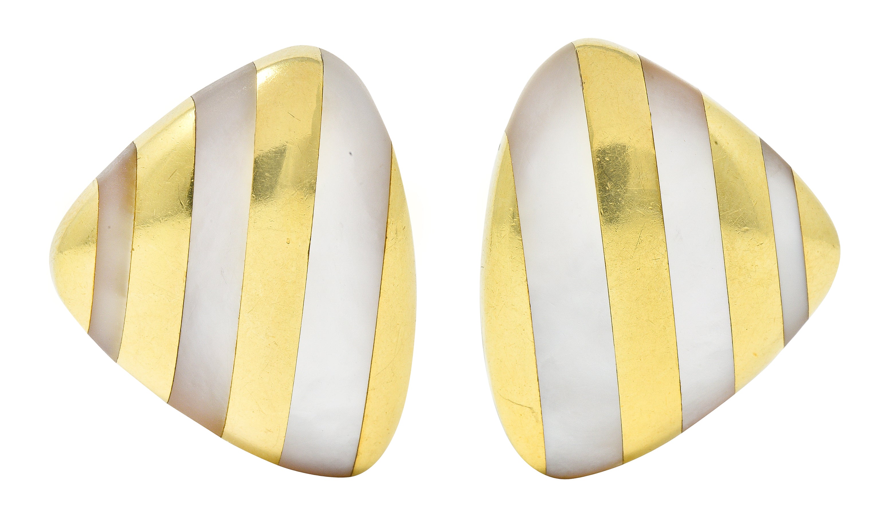Angela Cummings 1970's Mother-Of-Pearl 18 Karat Yellow Gold Inlay Stripe Triangle Vintage Earrings Wilson's Estate Jewelry