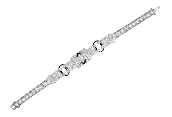 Art Deco 7.86 CTW Old European & Mine Cut Diamond Onyx Platinum Buckle Line Bracelet