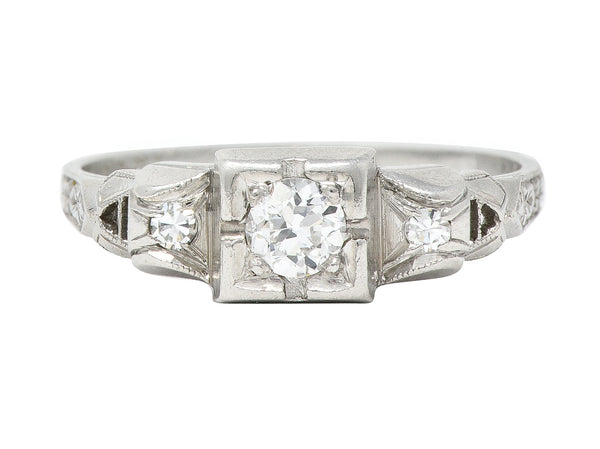 Art Deco 0.23 CTW Old European Cut Diamond Platinum Wheat Foliate Engagement Ring