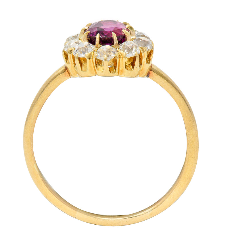 Victorian 1.82 CTW Oval Cut Ruby Old Mine Cut Diamond 14 Karat Yellow Gold Antique Cluster Ring Wilson's Estate Jewelry