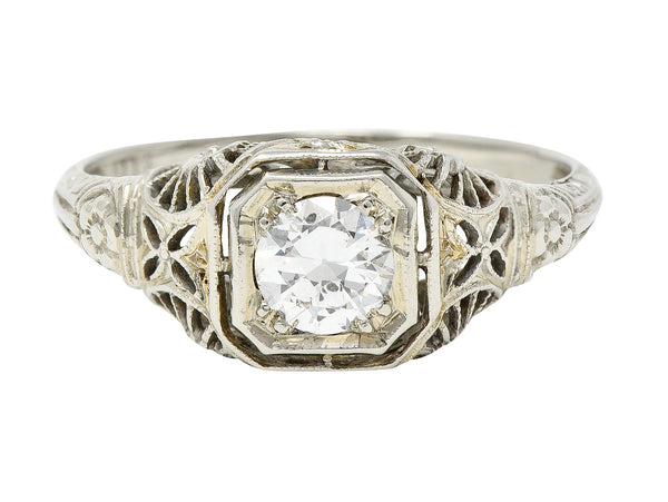 Art Deco 0.34 CTW Diamond 18 Karat White Gold Orange Blossom Floral Engagement Ring
