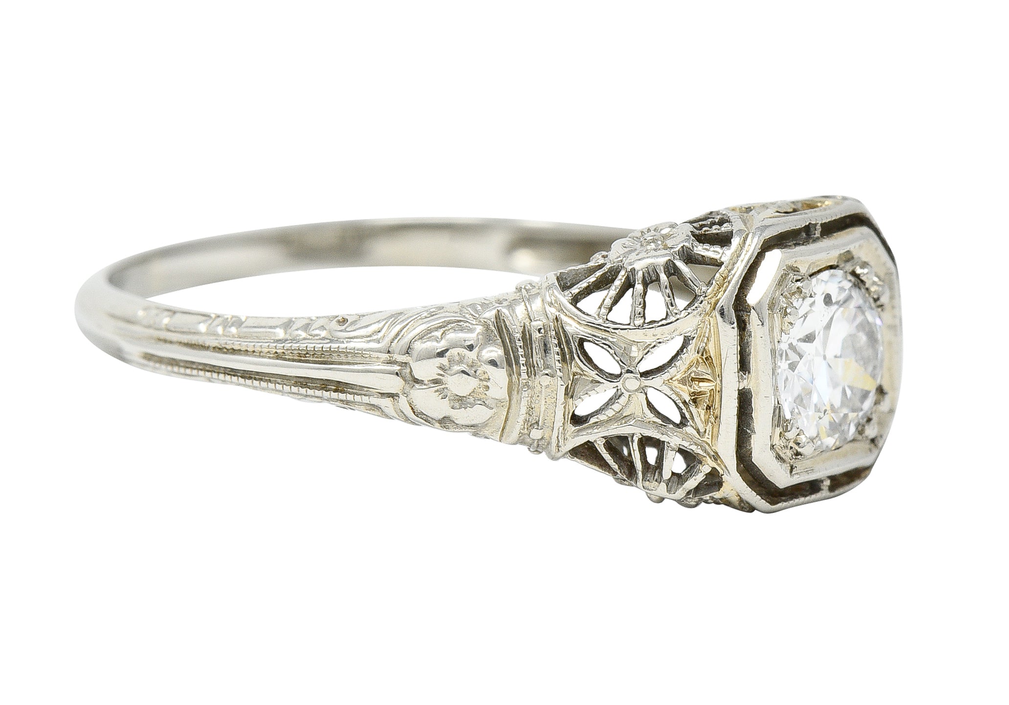 Art Deco 0.34 CTW Diamond 18 Karat White Gold Orange Blossom Floral Engagement Ring Wilson's Estate Jewelry