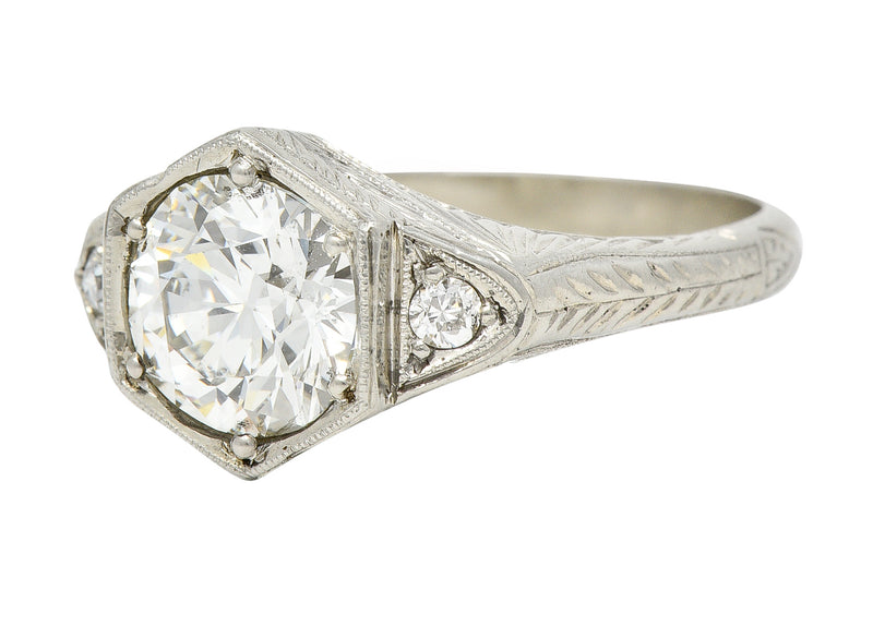 Art Deco 1.60 CTW Old European Cut Diamond 14 Karat White Gold Wheat Hexagonal Engagement Ring Wilson's Estate Jewelry