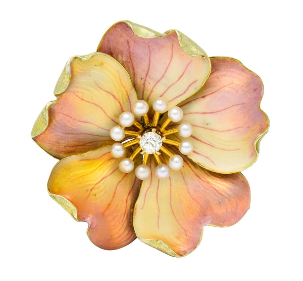 Carter Gough Art Nouveau Old European Cut Diamond Pearl Basse-Taille Enamel 14 Karat Yellow Gold Poppy Antique Flower Brooch