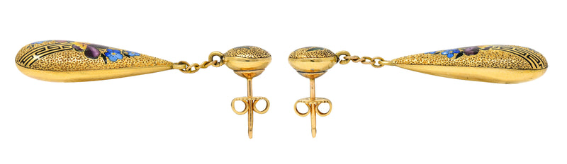 Victorian Enamel 14 Karat Yellow Gold Pansy Forget-Me-Not Greek Key Antique Drop Earrings Wilson's Estate Jewelry