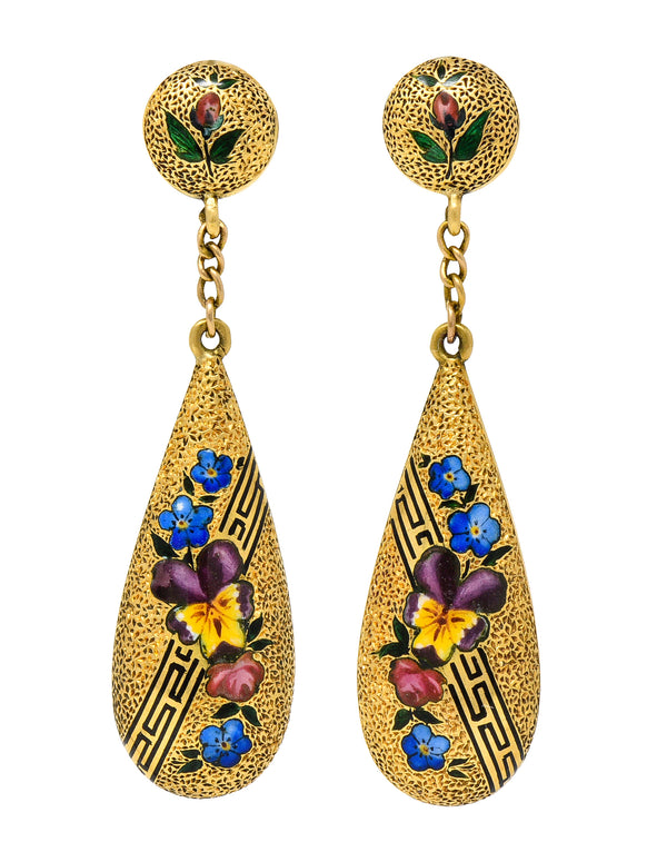 Victorian Enamel 14 Karat Yellow Gold Pansy Forget-Me-Not Greek Key Antique Drop Earrings