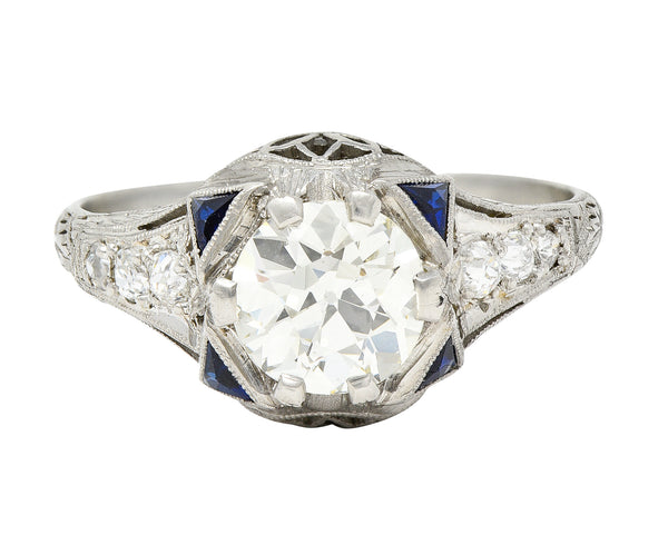 Art Deco 1.27 CTW Old European Cut Diamond Sapphire Platinum Lotus Foliate Engagement Ring