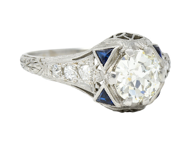 Art Deco 1.27 CTW Old European Cut Diamond Sapphire Platinum Lotus Foliate Engagement Ring