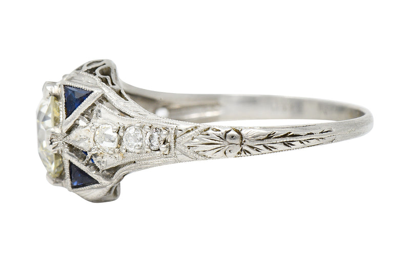 Art Deco 1.27 CTW Old European Cut Diamond Sapphire Platinum Lotus Foliate Engagement Ring Wilson's Estate Jewelry
