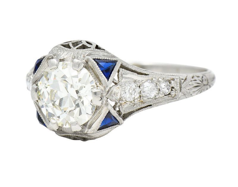 Art Deco 1.27 CTW Old European Cut Diamond Sapphire Platinum Lotus Foliate Engagement Ring Wilson's Estate Jewelry
